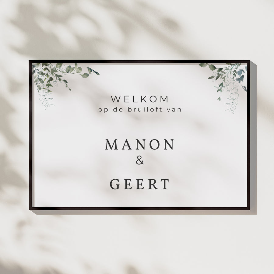 Welkomstbord Huwelijk Landschap 90 x 60 cm Bloemen en eucalyptus foto