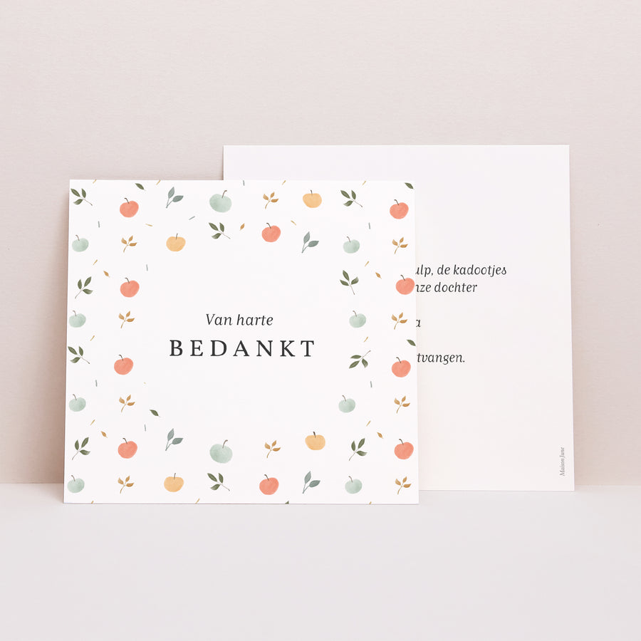 Bedankkaart Geboorte Vierkant Pomme de reinette et pomme d'api, rond etiket foto