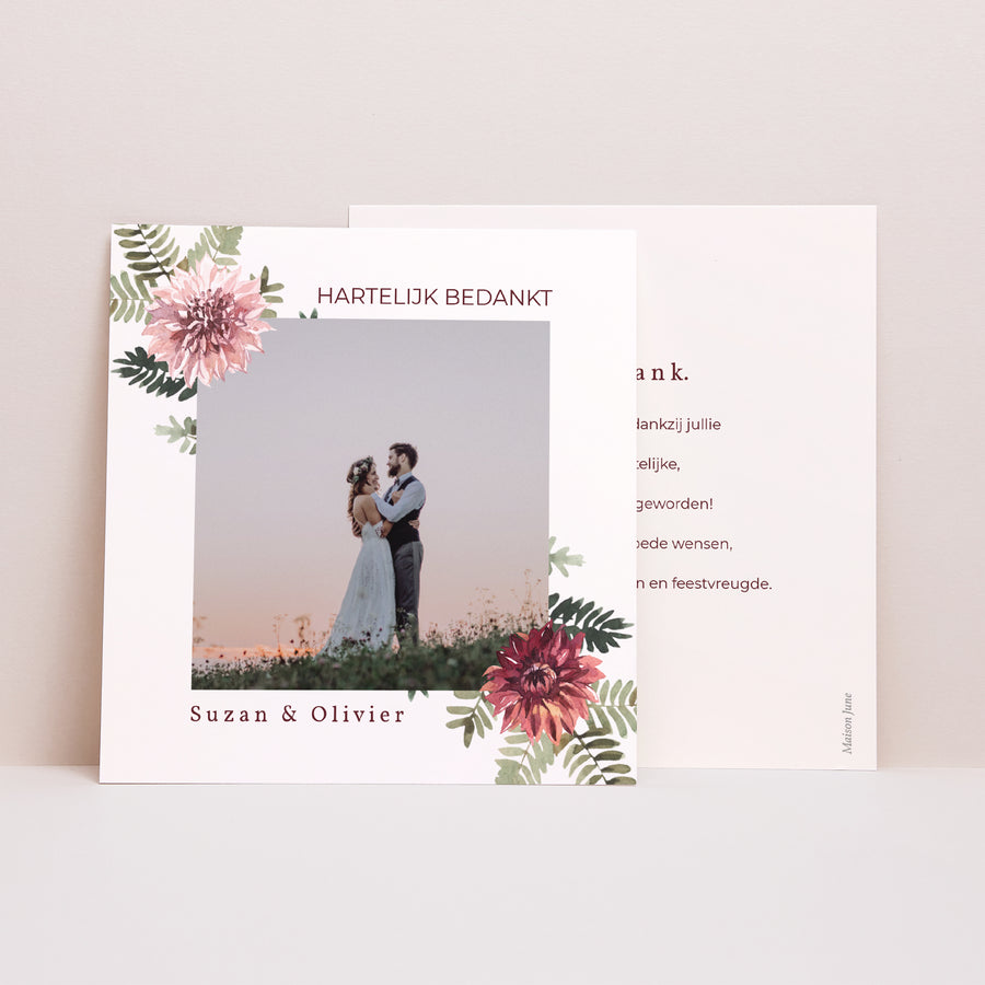 Bedankkaart Huwelijk Vierkant Bloemenakkoord, Dahlia & Varens foto