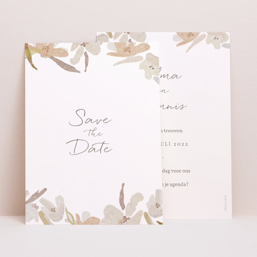 Save the date kaart Huwelijk Portret Aquarel bloemenkrans foto