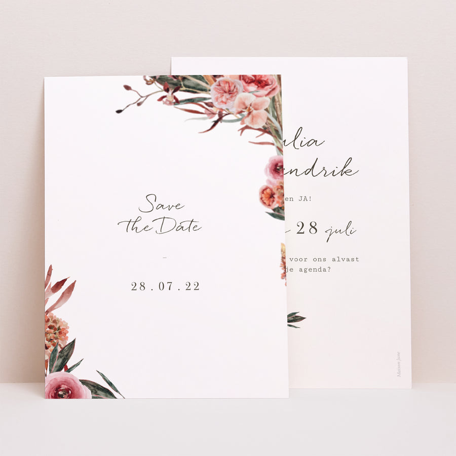 Save the date kaart Huwelijk Portret Bloemenboog in rode en oranje tinten foto
