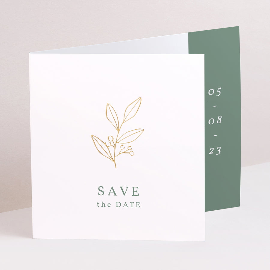 Save the date kaart Huwelijk Twee asymmetrische panelen Romantisch takje foto