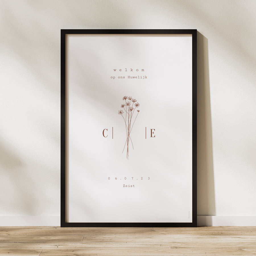 Welkomstbord Huwelijk Portret 60 x 90 cm Silhouet - veldbloemen foto