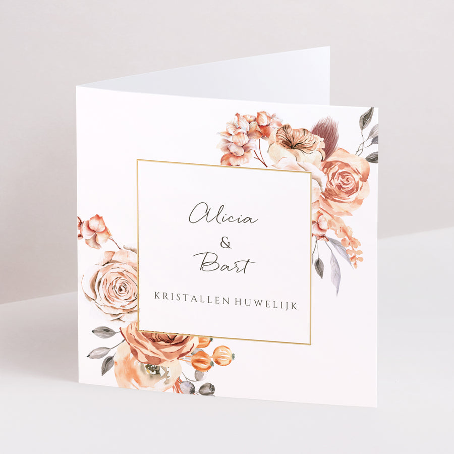 Uitnodigingen Huwelijksverjaardag Dubbel vierluik Romantico, karamel rozen foto