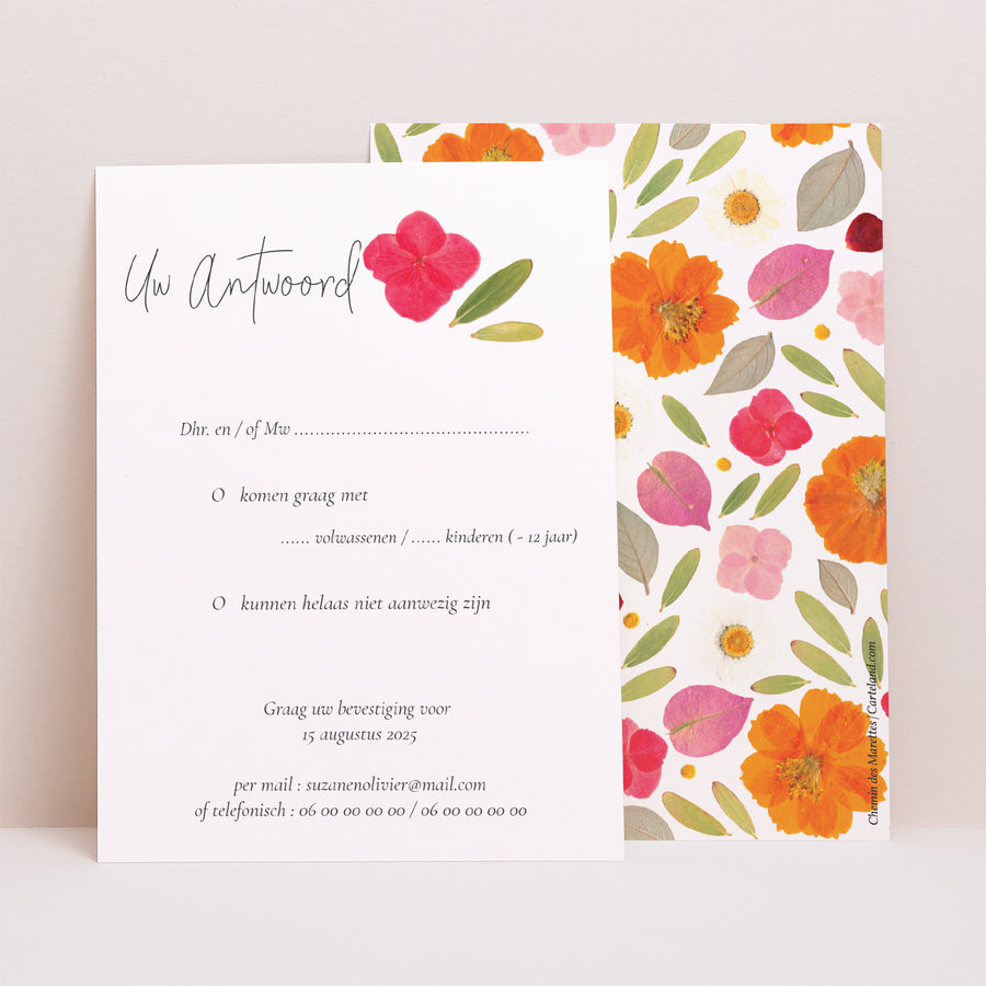 RSVP kaart Huwelijk Portret Herbarium bloemenpracht foto