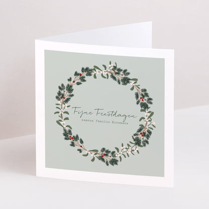 Kerstkaart Eindejaar Dubbel vierluik Dennen- en maretakrans foto N° 1