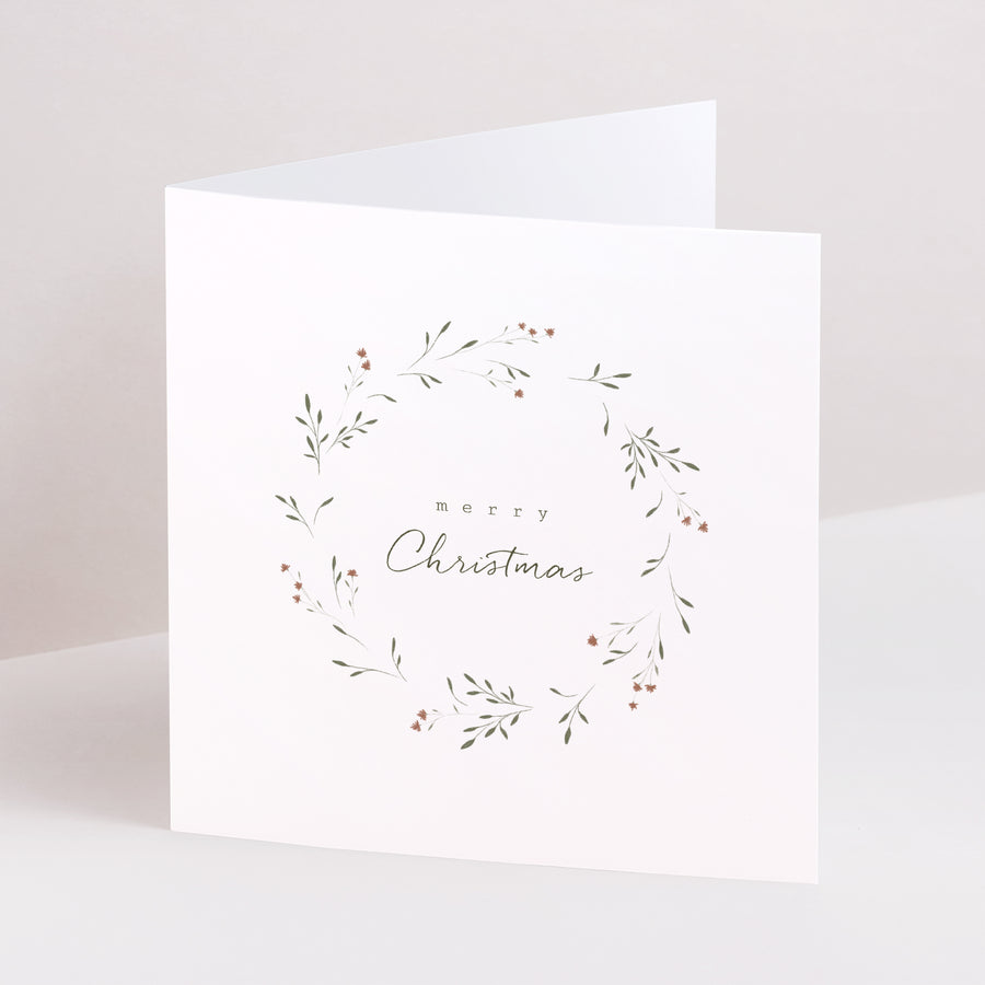 Kerstkaart Eindejaar Dubbel vierluik Kruiden- en bloemenkrans foto