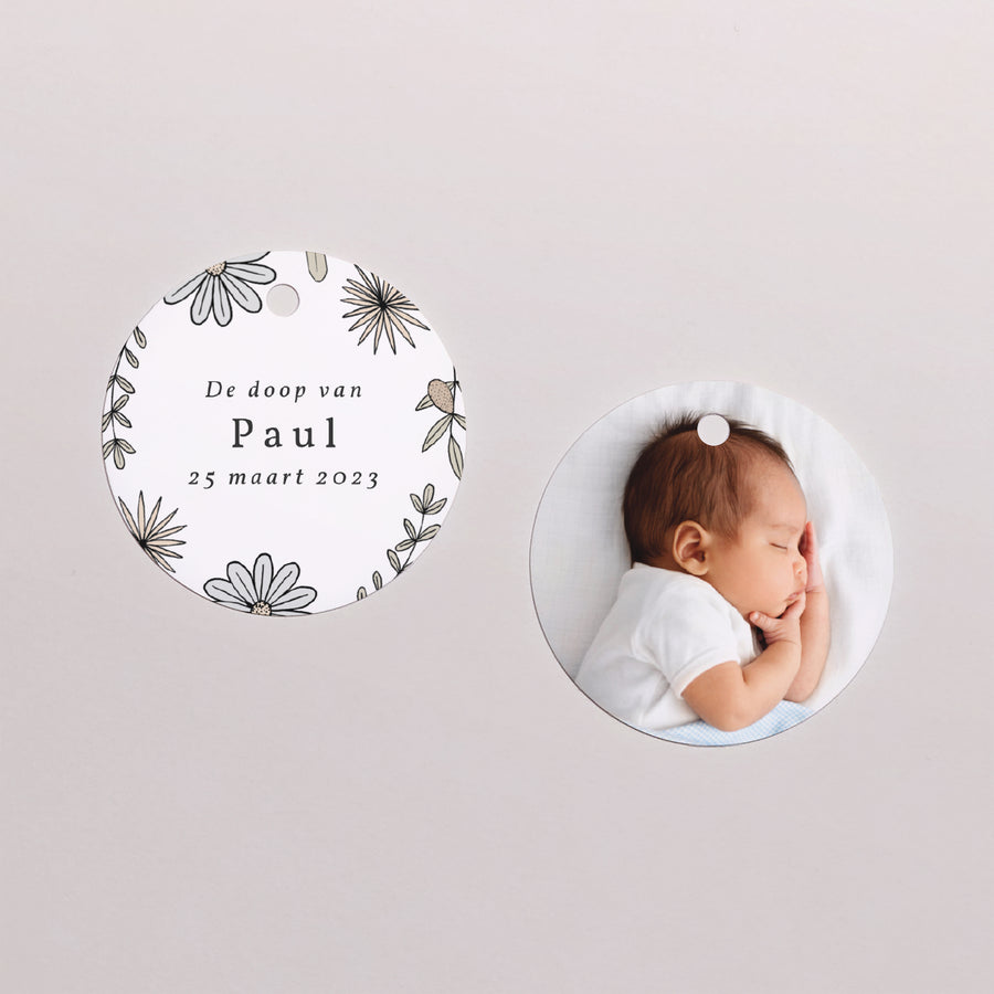 Cadeaulabel Doop Ronde Grijze potloodpoëzie en foto foto