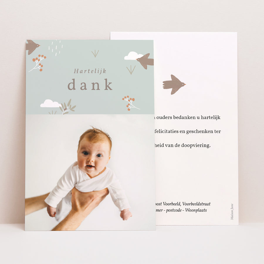 Bedankkaart Doop Portret Vogel, wolken en olijftak II foto