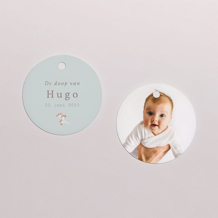 Cadeaulabel Doop Ronde Vogel, wolken en olijftak II foto