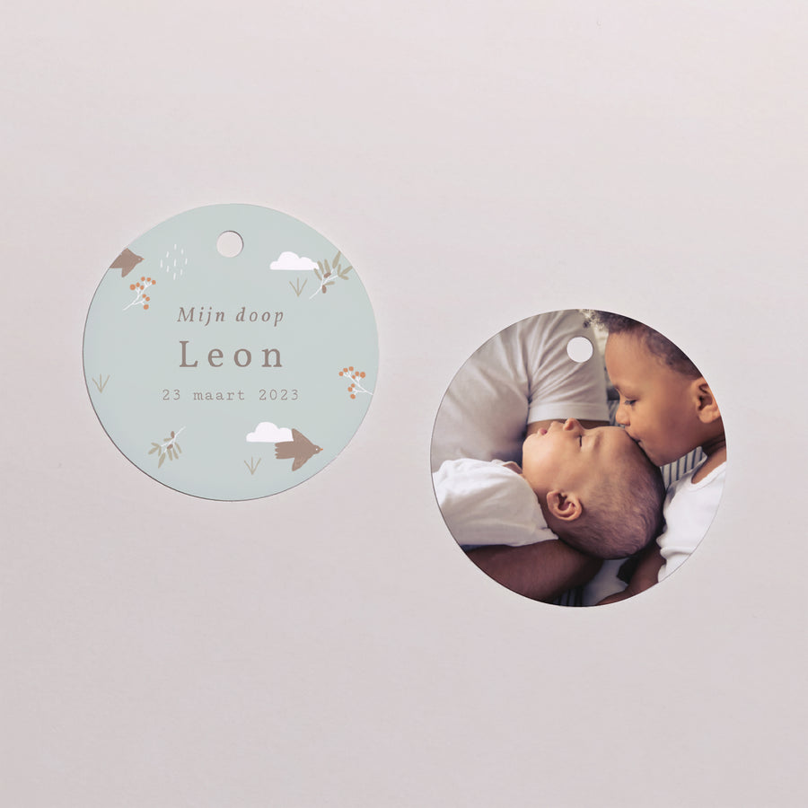 Cadeaulabel Doop Ronde Vogel, wolken en olijftak III foto