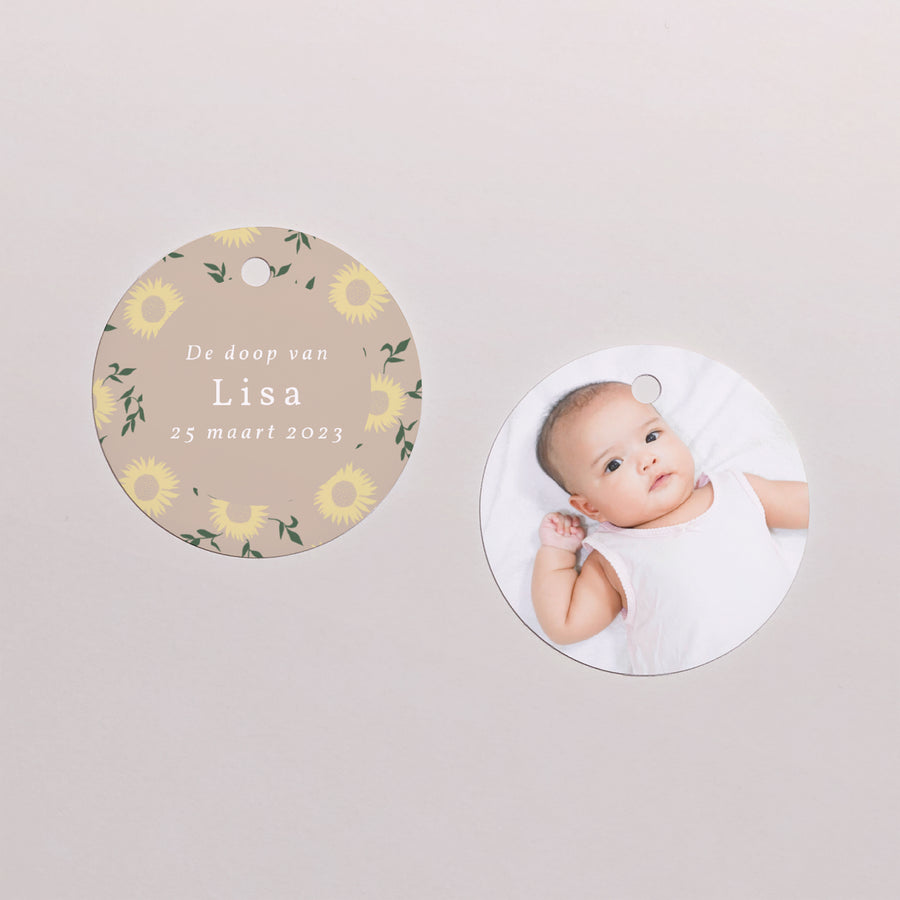 Cadeaulabel Doop Ronde Zonnebloemen, patronen, meisje foto