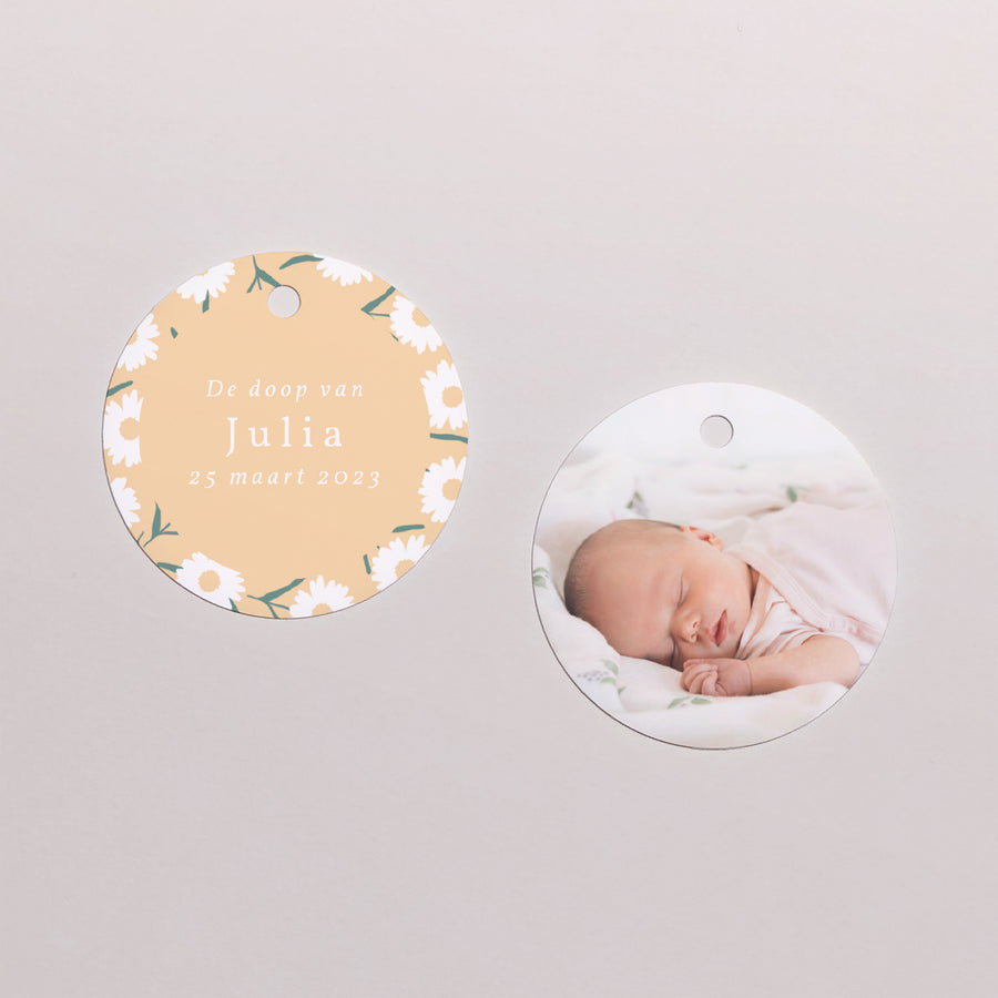 Cadeaulabel Doop Ronde Madeliefjes, meisje foto