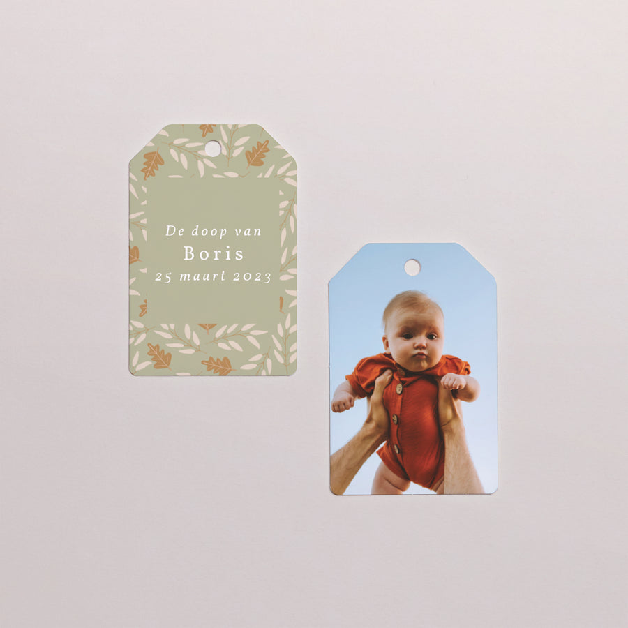 Cadeaulabel Doop Vlag Herfstbladeren, jongen foto