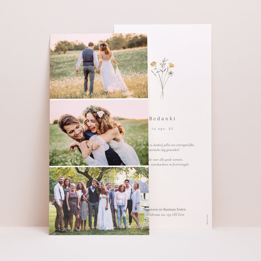 Bedankkaart Huwelijk Panoramisch portret Kleine bloemenkrans foto