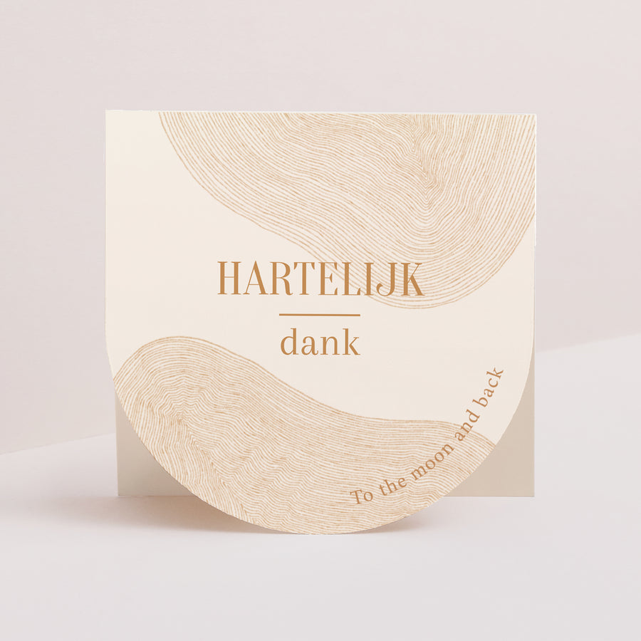 Bedankkaart Huwelijk Dubbele vierkante vouwwaaier halvemaan. Okerkleuren foto