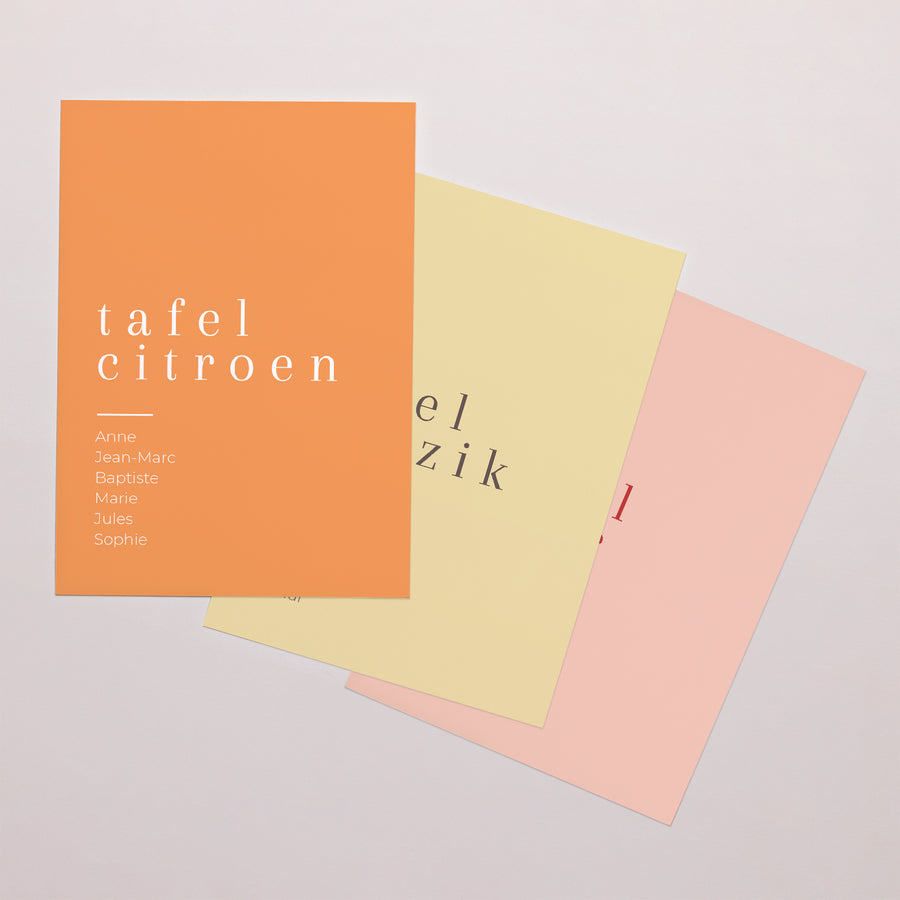 Tafelnummers Huwelijk Rechthoek Citrusvruchten kleuren foto