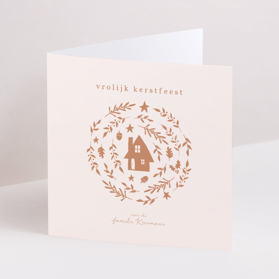 Kerstkaart Eindejaar Dubbel vierluik terracotta kerst circulaire compositie foto