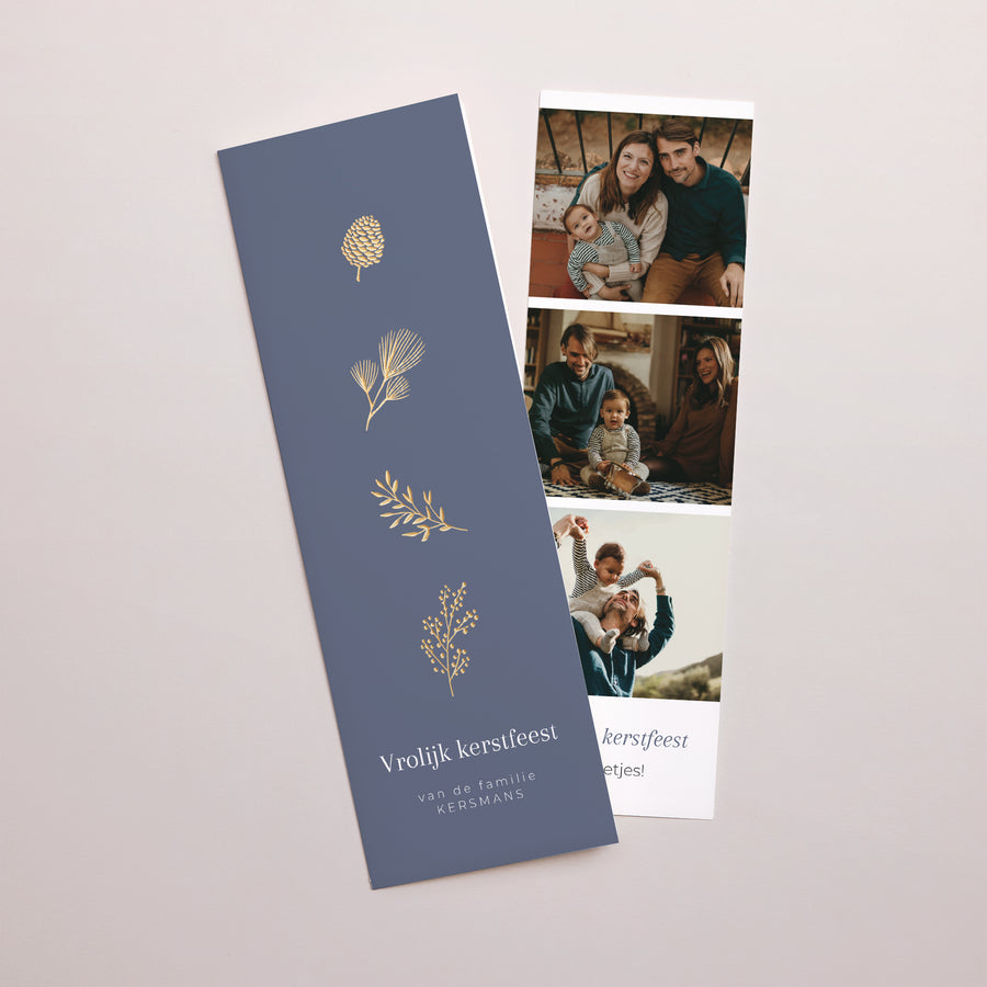 Wenskaart Eindejaar Fotocabine bladwijzer Gouden kerstelementen foto