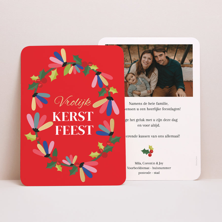 Kerstkaart Eindejaar Portret, afgeronde randen rode kerstkrans foto