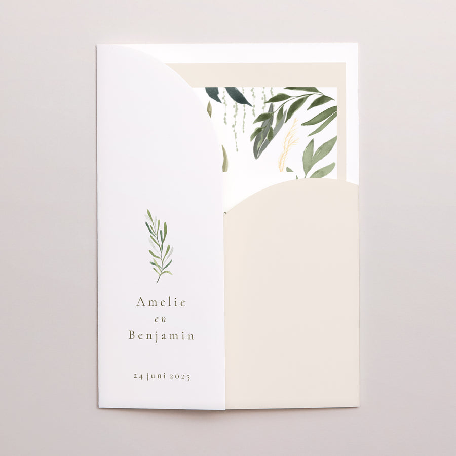 Uitnodigingskaart Huwelijk Map 2 kaarten Plantaardig, goudglitter foto