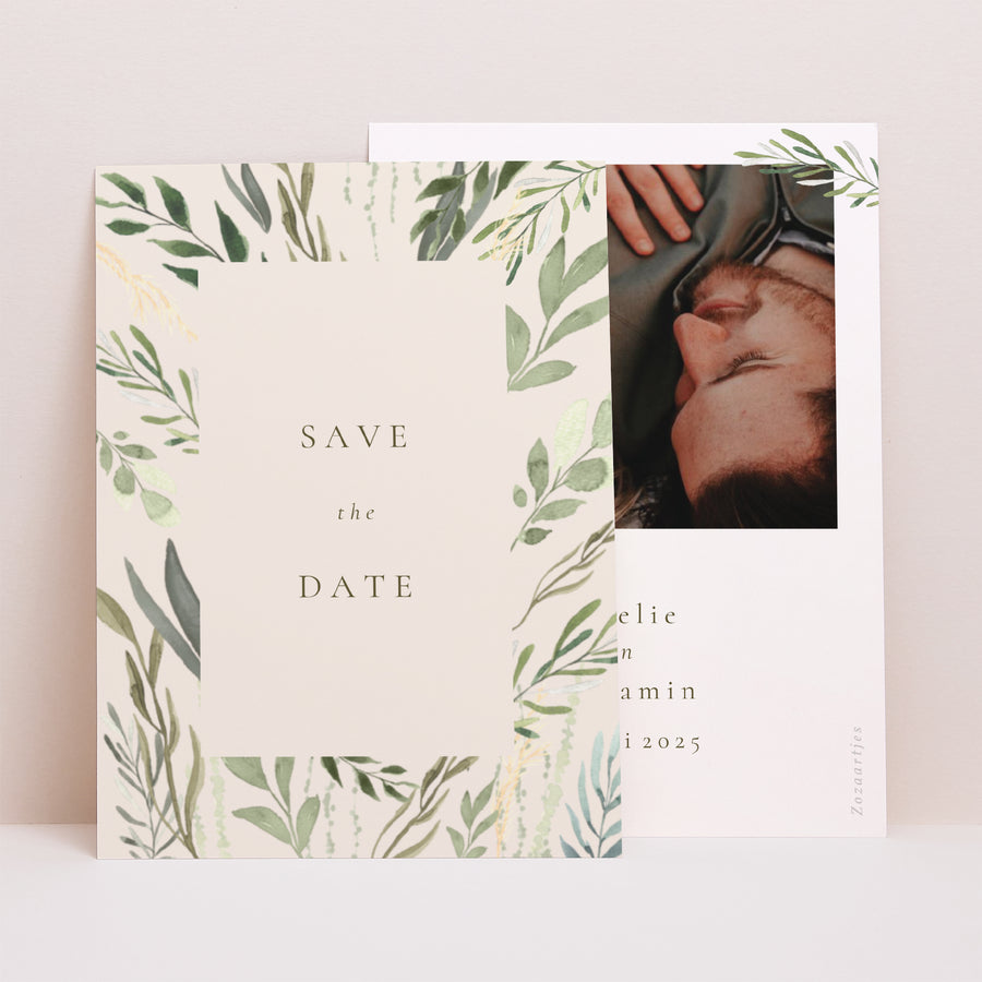 Save the date kaart Huwelijk Portret Plantaardig, goudglitter foto