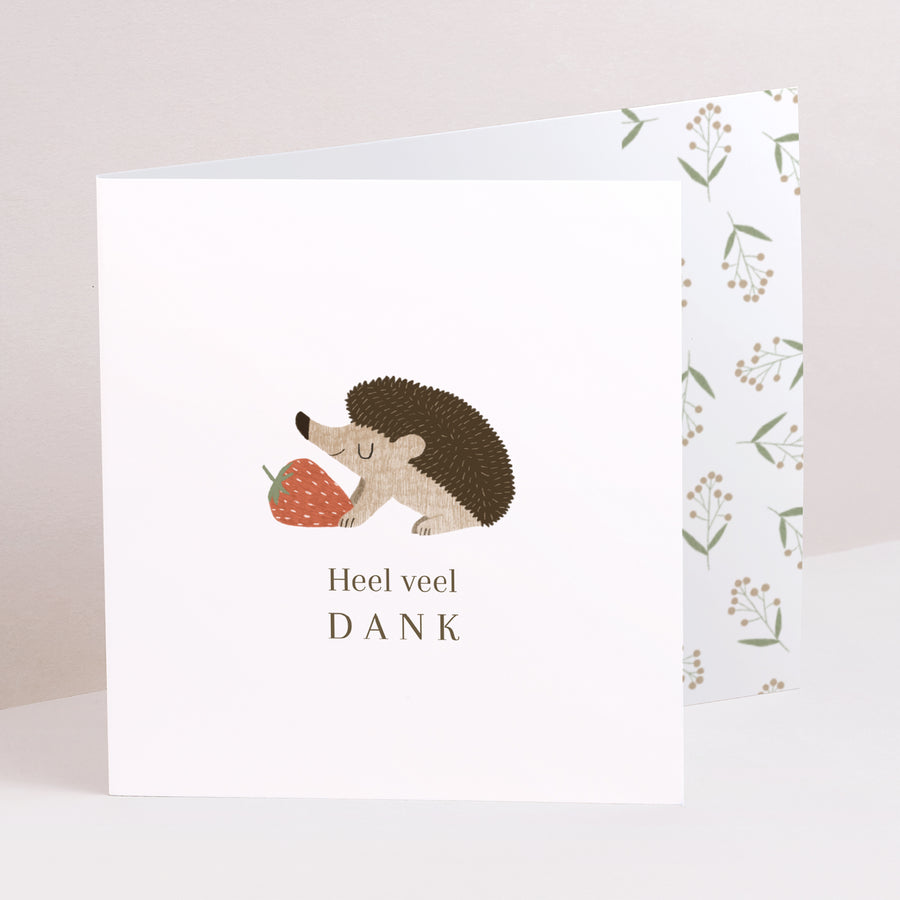 Bedankkaart Geboorte Twee asymmetrische panelen egel, bessenmotief foto