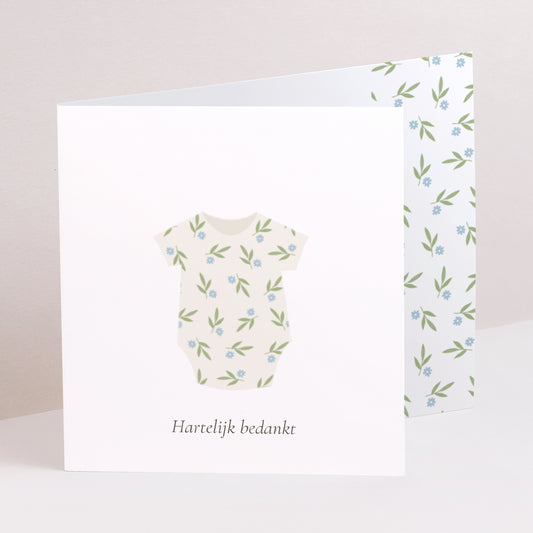 Bedankkaart Geboorte Twee asymmetrische panelen blauwe bloemen lichaam foto