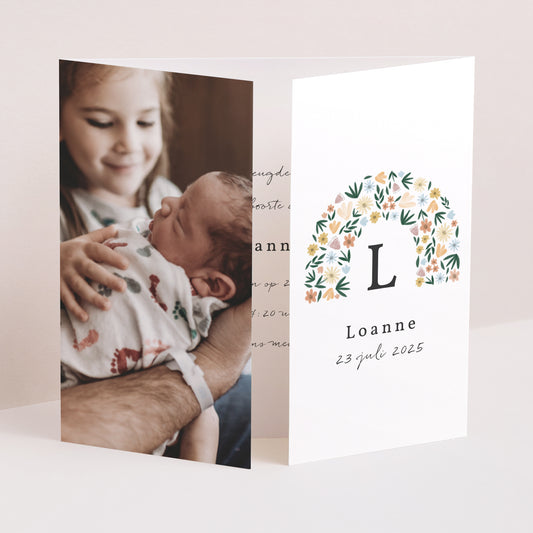 Uitnodigingskaart Geboorte Drieluiks vensteropening Lentebloem Strik foto