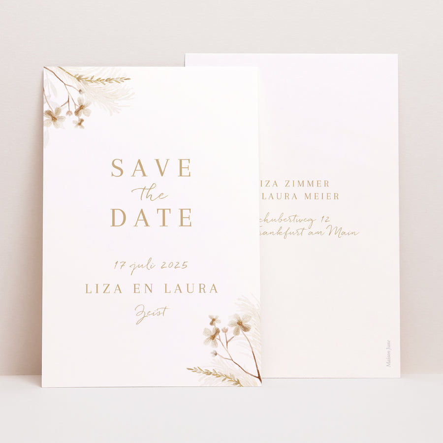 Save the date kaart Huwelijk Portret Bohème crème foto