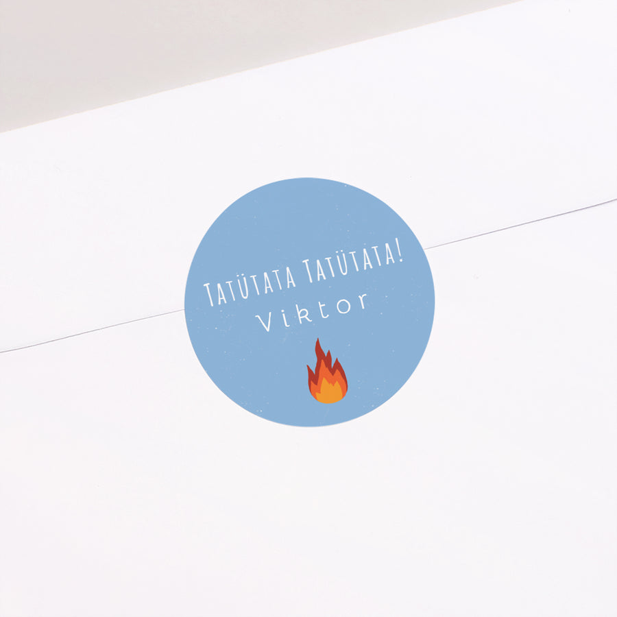Sticker Kinderfeestje of Kinderverjaardag Cirkel Brandweerman in brand! foto
