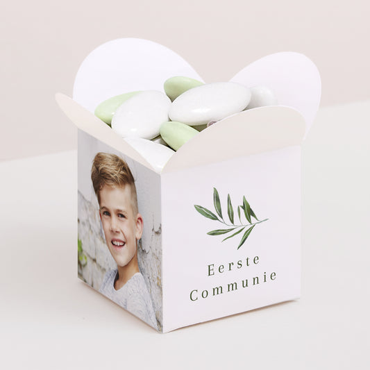 Doosje voor suikerbonen Communie Vlinderklep opening Gezegende palm foto