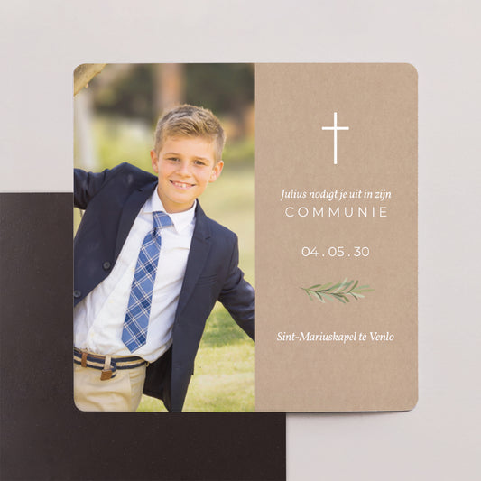 Uitnodigingskaart Communie Set van 9, magnetisch. Imitaties Kraft & Olijftak foto