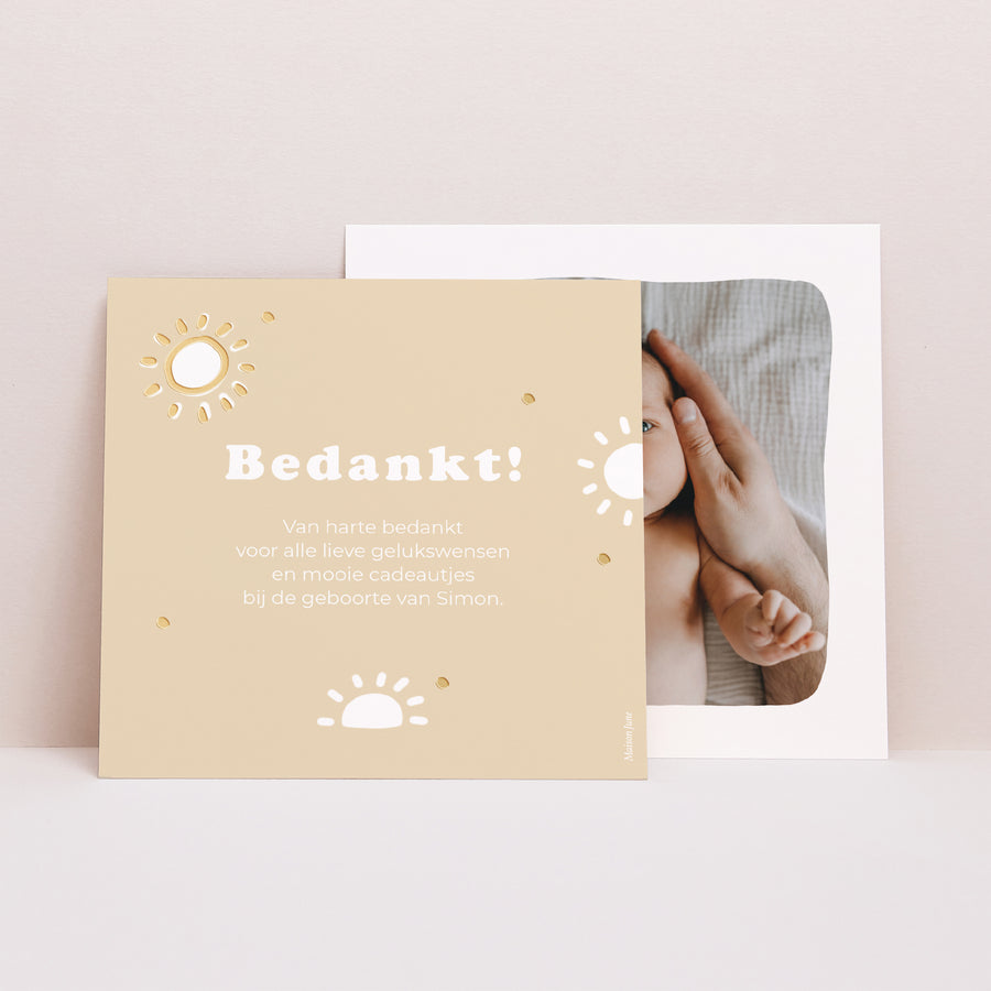 Bedankkaart Geboorte Vierkant Verguld zonnemotief foto