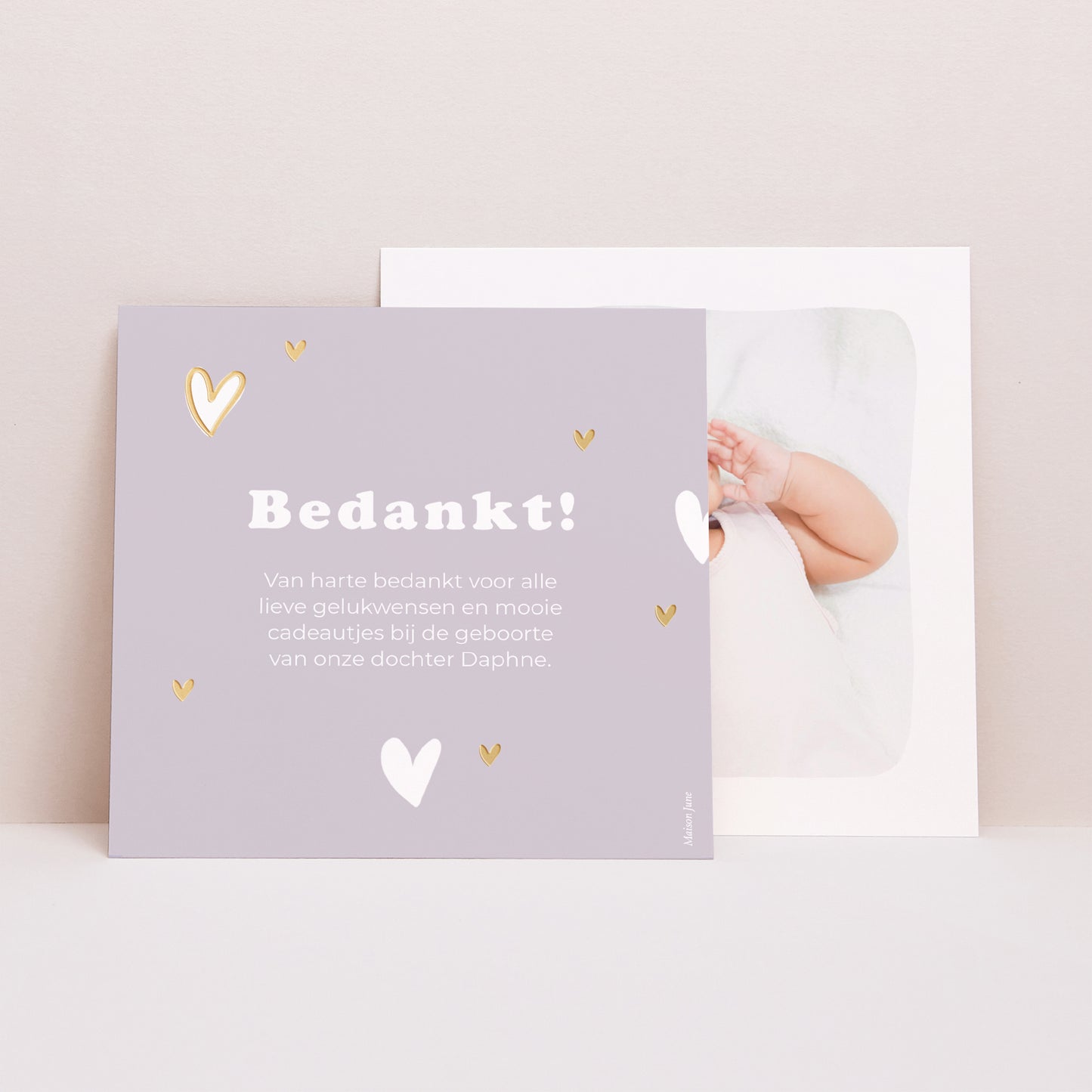 Bedankkaart Geboorte Vierkant Motief hart vergulding foto N° 1