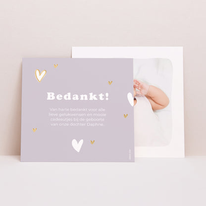 Bedankkaart Geboorte Vierkant Motief hart vergulding foto N° 1