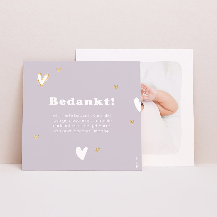 Bedankkaart Geboorte Vierkant Motief hart vergulding foto