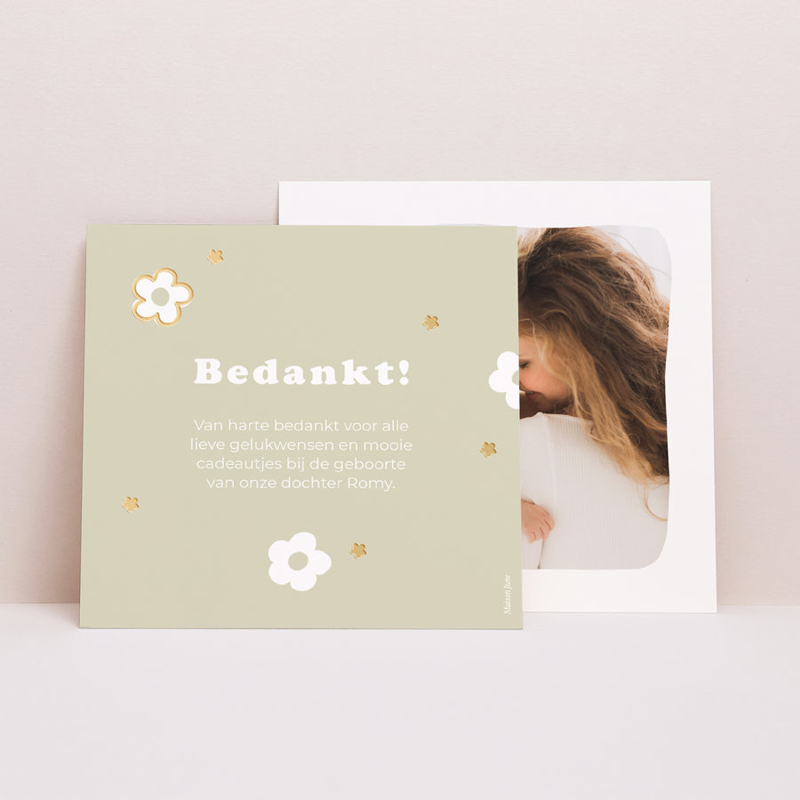 Bedankkaart Geboorte Vierkant Verguld bloemmotief foto