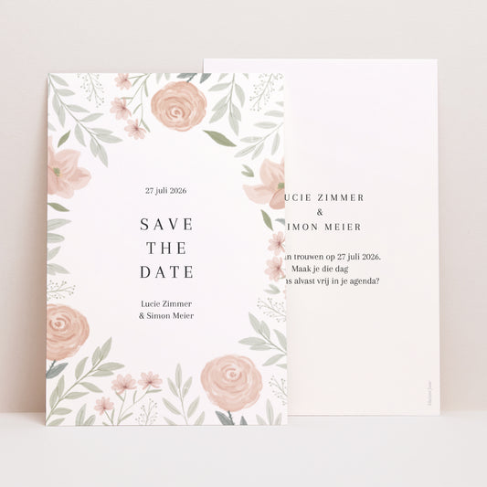Save the date kaart Huwelijk Portret Bloemenlijst foto