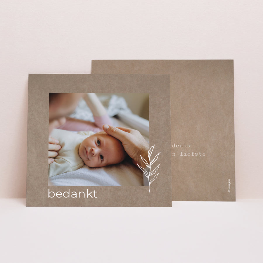Bedankkaart Geboorte Vierkant streng en kraft foto