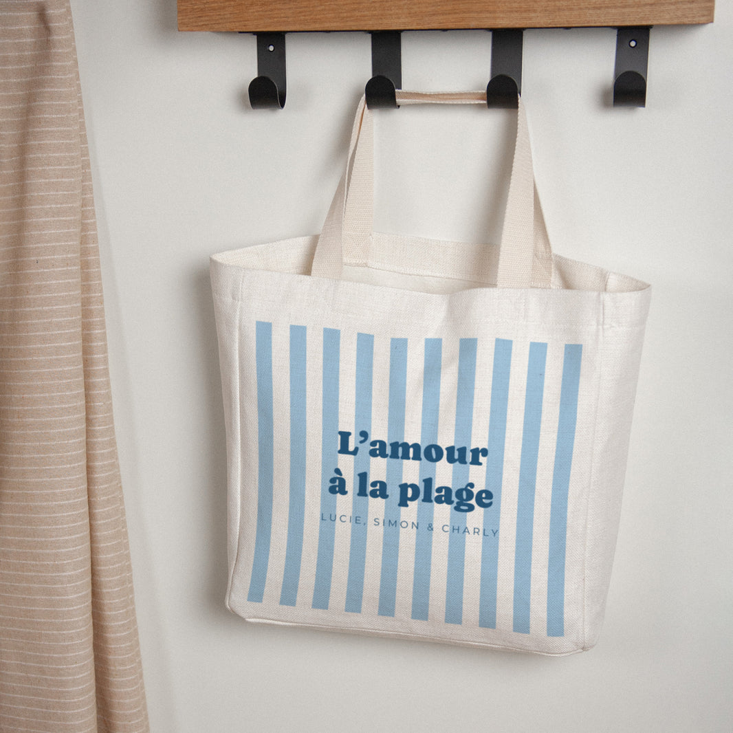 Tote Bag Objecten Handgreep van canvas Liefde op het blauwe strand foto N° 1