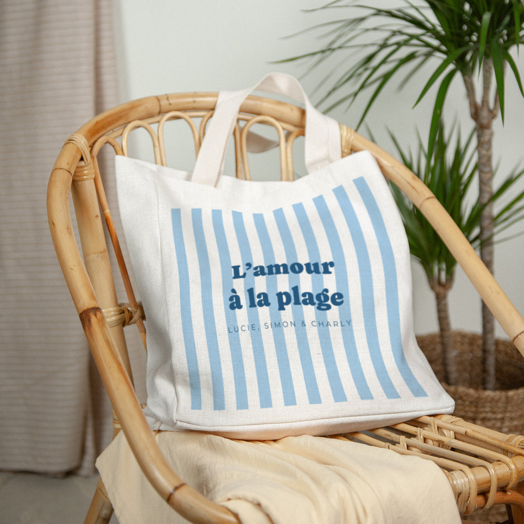 Tote Bag Objecten Handgreep van canvas Liefde op het blauwe strand foto N° 2