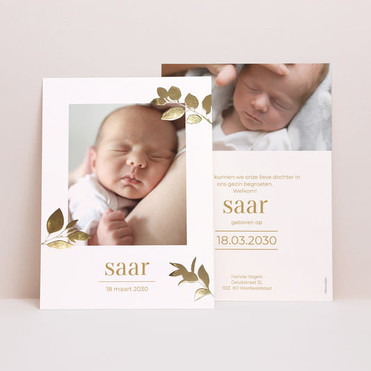 Uitnodigingskaart Geboorte Kleine gouden blaadjes foto