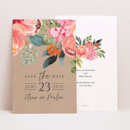 Save the date kaart Huwelijk Portret Pop's Flowers foto N° 1