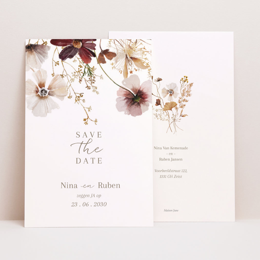 Save the date kaart Huwelijk Portret Gedroogde weidebloemen 2 foto N° 1