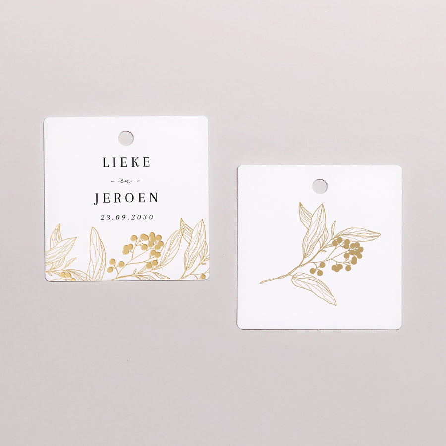Cadeaulabel Huwelijk Vierkant Gouden bloemmotieven foto