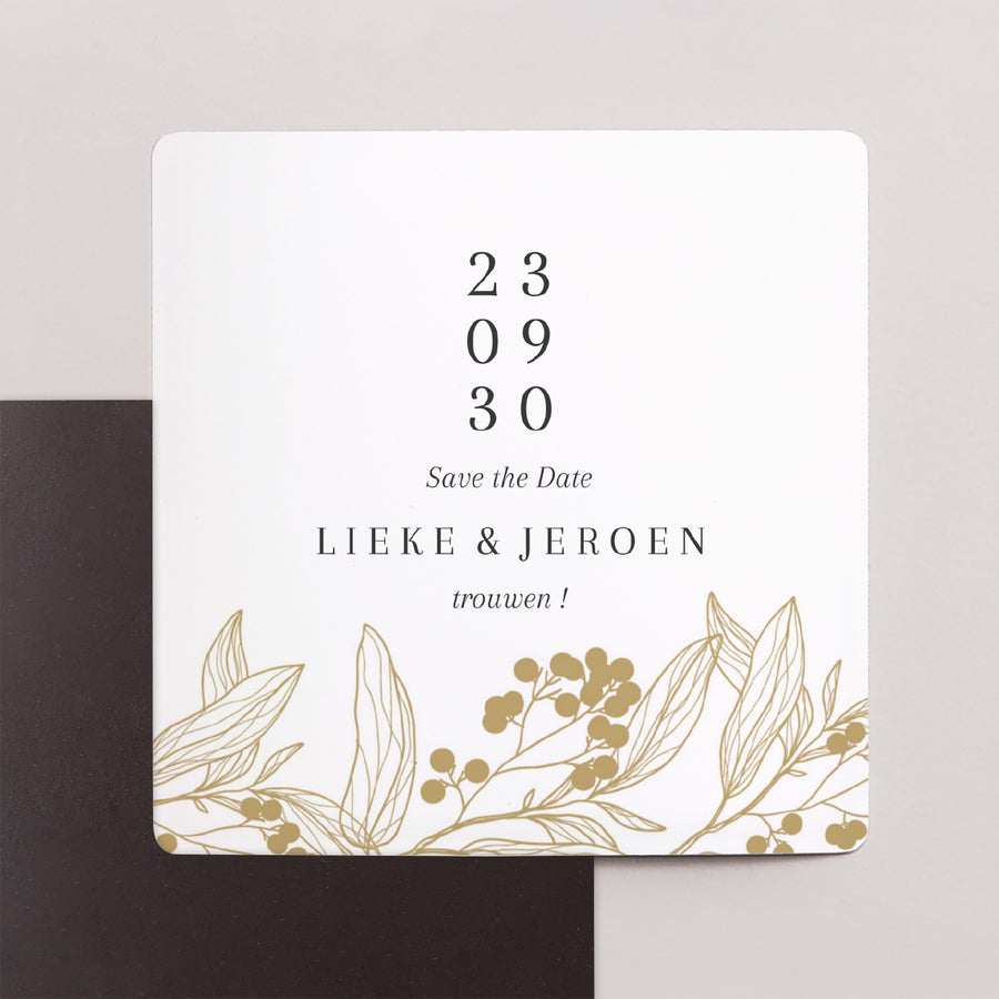 Save the date kaart Huwelijk Set van 9, magnetisch. Gouden bloemmotieven foto