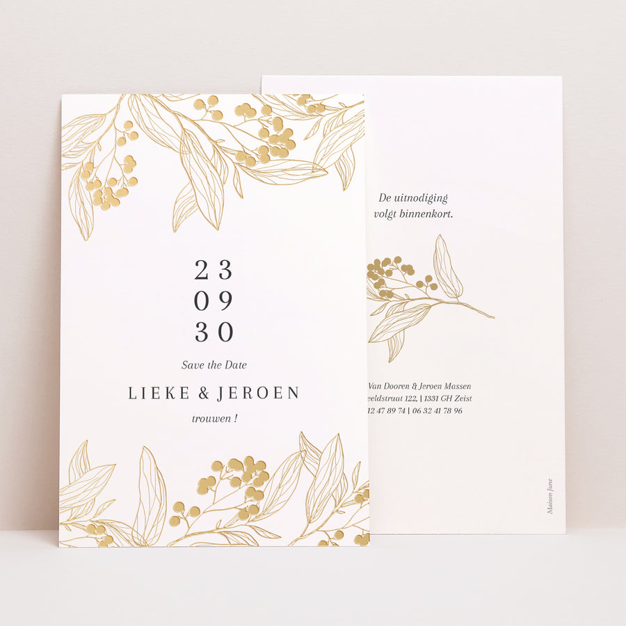 Save the date kaart Huwelijk Portret Gouden bloemmotieven foto