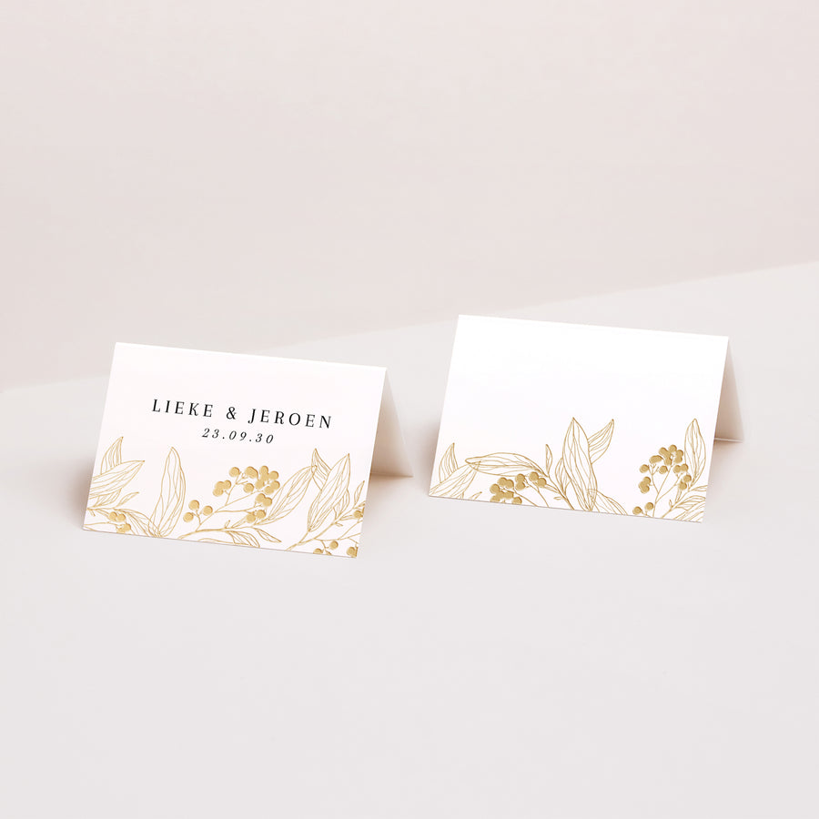 Naamkaartjes Huwelijk 2 luiken Gouden bloemmotieven foto