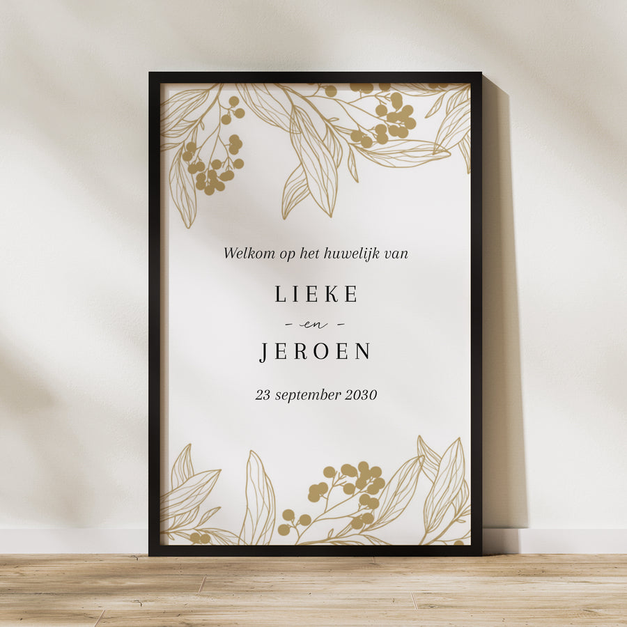 Welkomstbord Huwelijk Portret 60 x 90 cm Gouden bloemmotieven foto